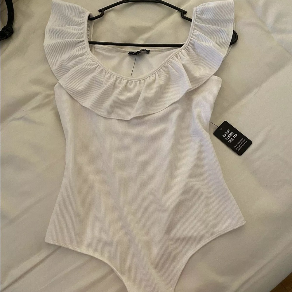 Express Ribbed Ruffle off the Shoulders Bodysuit